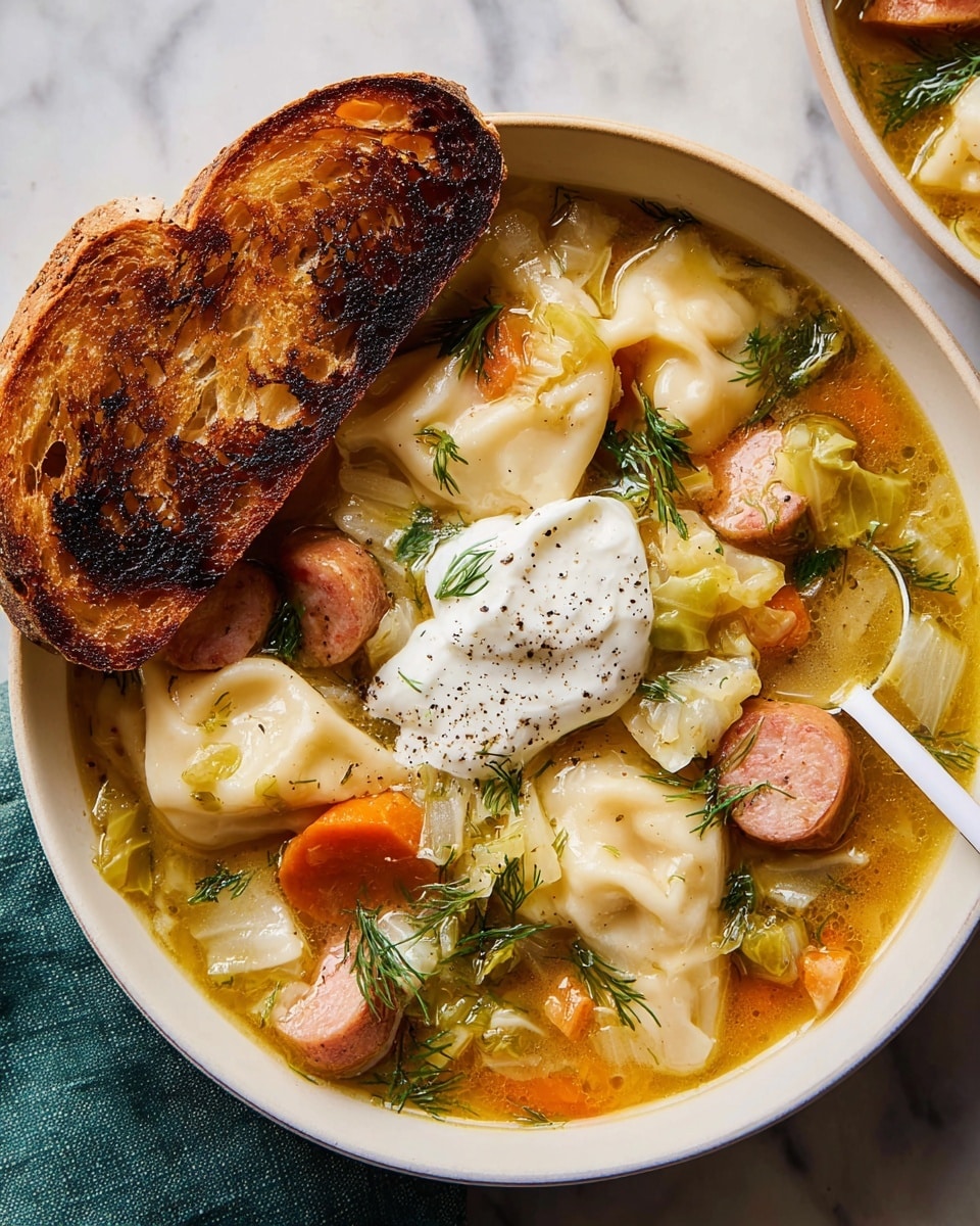 The image shows a white bowl filled with clear broth soup with visible ingredients: orange carrot chunks, slices of browned sausage, pale cabbage pieces, and dumplings with a light golden brown fried texture. On top of the soup is a big dollop of white creamy sauce sprinkled with black pepper and green herbs. A white spoon rests on the side inside the bowl, partly submerged in the broth and holding some carrots, cabbage, and sausage. Two slices of toasted brown bread lean on the side of the bowl. The bowl is set on a white marbled surface. photo taken with an iphone --ar 4:5 --v 7