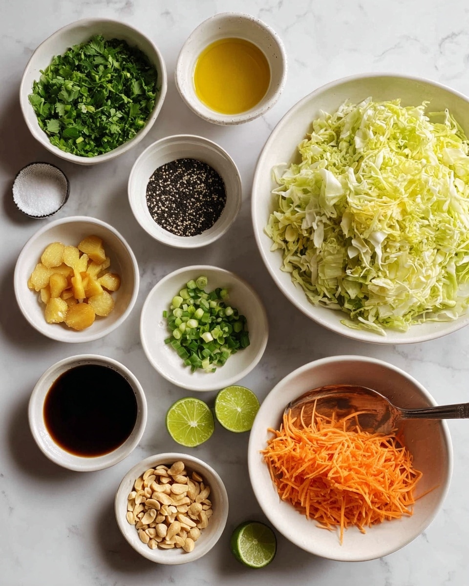The image shows an overhead view of various small white bowls and one white bowl filled with chopped ingredients arranged on a white marbled surface. Starting from the top right, there is a large white bowl filled with chopped light yellow and green cabbage. To its left, a white bowl with green chopped herbs. Below the cabbage, a white bowl with shredded orange carrots. Surrounding these are smaller white bowls containing minced garlic and yellow ginger, chopped green onions, chopped peanuts, black sesame seeds, and a light brown creamy sauce. There is also a lime and a spoon resting on the surface with coarse salt and black pepper on it. A small white bowl of golden liquid, likely oil, and a bowl with dark brown liquid are also present. All the components are neatly placed and well lit. photo taken with an iphone --ar 4:5 --v 7