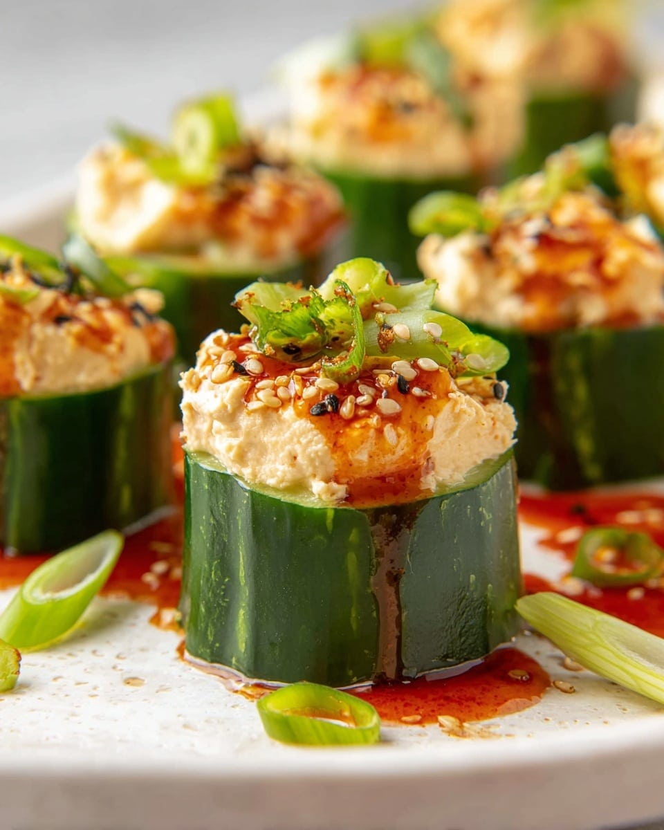 The image shows several cucumber rounds standing upright on a white plate with a white marbled texture underneath. Each cucumber piece has a dark green, smooth outer skin and is filled with a creamy, pale beige mixture piled high on top. The creamy topping is drizzled with a bright reddish-orange sauce and sprinkled with small sesame seeds and thin slices of vibrant green onion. The sauce slightly pools at the base of the cucumbers and some green onion slices and sesame seeds are scattered around the plate. The focus is on the front cucumber piece with the others softly blurred in the background. photo taken with an iphone --ar 4:5 --v 7