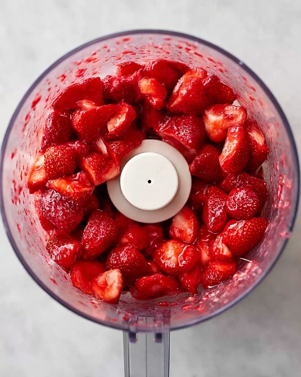 Inside a clear round food processor bowl, a single layer of bright red strawberries fills the space, showing different sizes and shapes with some lightly mashed and others whole, all with a wet, juicy texture. The white plastic center blade holder is visible in the middle, surrounded by the vibrant fruit. The background is a white marbled surface. photo taken with an iphone --ar 4:5 --v 7