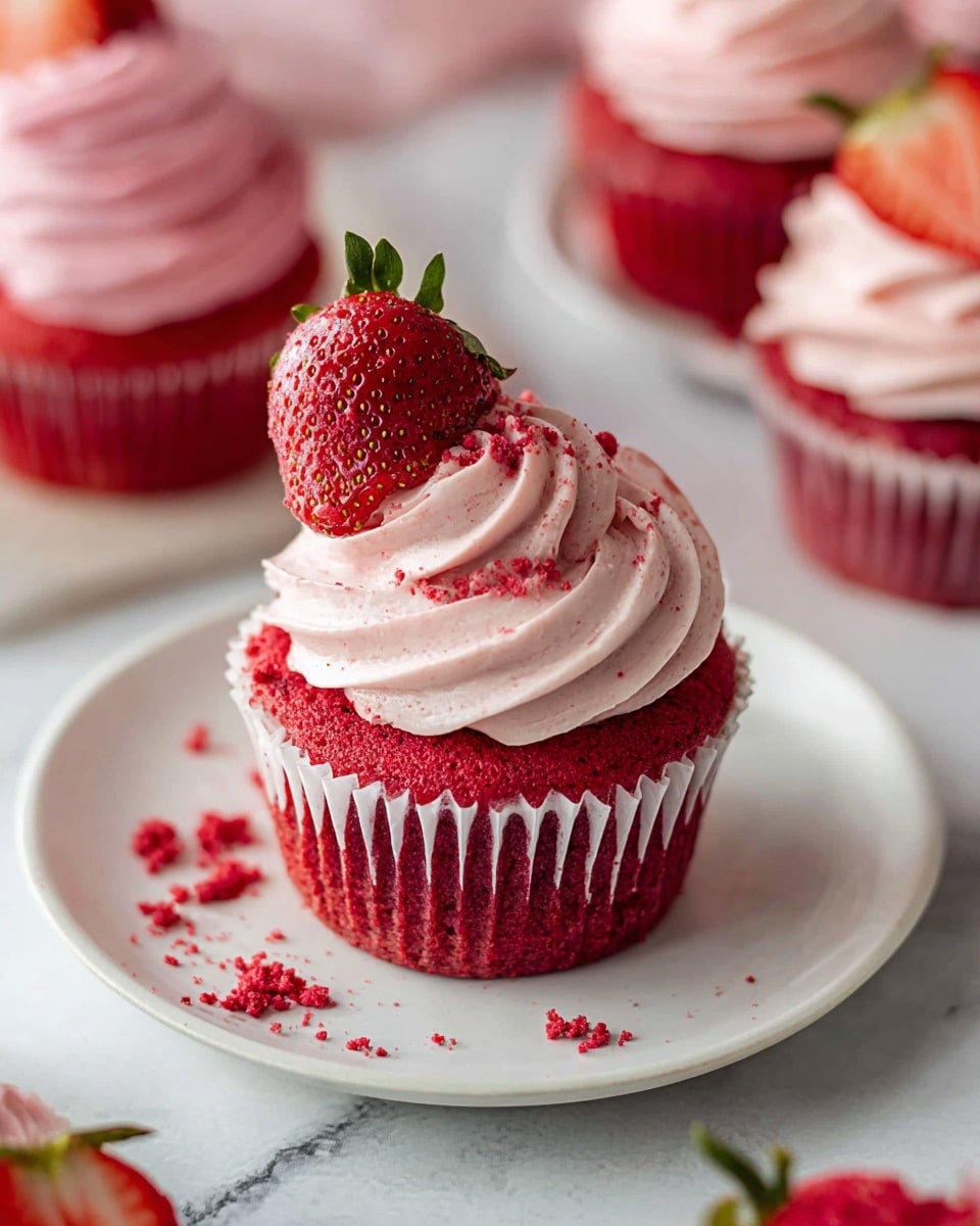 A close-up view of a red cupcake with three layers: the bottom layer is a red soft cake in a white paper wrapper, the middle layer is light pink cream swirled in a tall spiral with a smooth texture, and the top layer is a half fresh strawberry with green leaves placed on the side of the cream. Small red crumbs are sprinkled over the cream and scattered on a white plate underneath, which rests on a white marbled surface. In the background, there are more red cupcakes with similar pink cream swirls. photo taken with an iphone --ar 4:5 --v 7