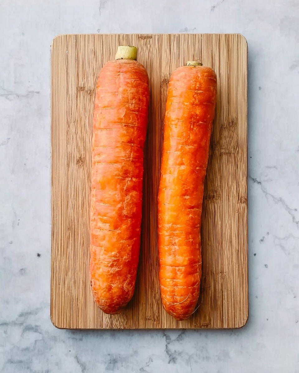 Two whole orange carrots with a rough texture lie side by side on a rectangular wooden cutting board. The carrots have slight natural skin markings and are positioned vertically with their green tops removed. The cutting board is placed on a white marbled surface, creating a clean and simple background. photo taken with an iphone --ar 4:5 --v 7