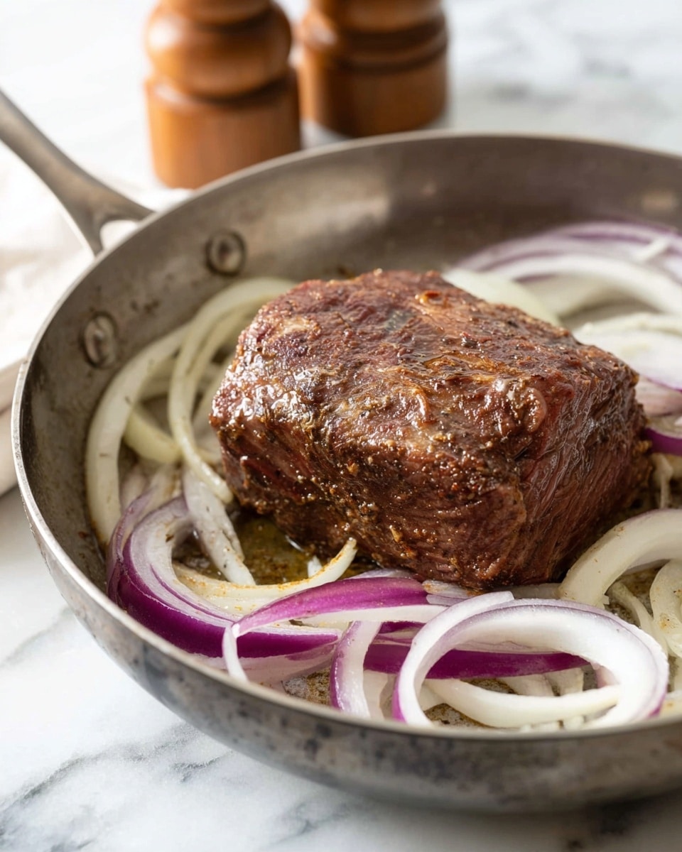 A single thick dark brown piece of cooked meat sits on top of a bed of sliced white and purple onions. The onions are spread evenly at the bottom of a metal pan with a slightly worn look. The meat has a rough texture with a shiny surface, showing some spices and juices. The pan is shown at an angle, resting on a white marbled surface, with a stack of wooden spice containers blurred in the background. photo taken with an iphone --ar 4:5 --v 7