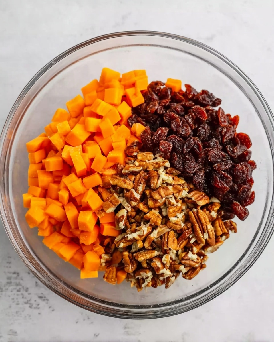 A clear glass bowl on a white marbled surface holds three main layers of ingredients placed side by side inside. On the left, there are small, bright orange cubes that look soft and smooth. In the middle, small chopped pecans show a light brown color with rough texture. On the right, dark reddish-brown dried fruits with wrinkled texture fill up the last section. The ingredients are evenly separated, showing a mix of vibrant colors in the bowl photo taken with an iphone --ar 4:5 --v 7