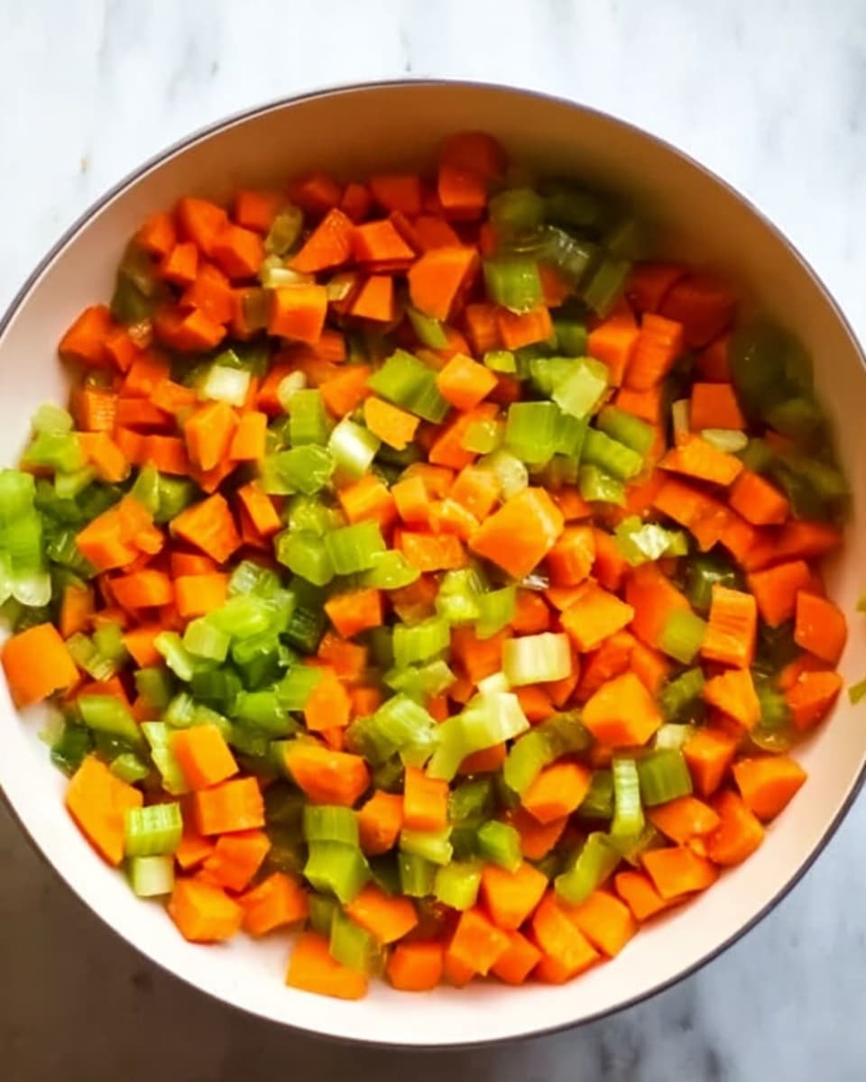 The image shows a white round bowl filled with small, evenly chopped pieces of orange carrots and green celery. The chopped vegetables are mixed together, covering the entire surface inside the bowl. The bowl is placed on a white marble textured surface which is clean and bright, making the colors of the vegetables stand out. woman's hand is not visible in the image. photo taken with an iphone --ar 4:5 --v 7