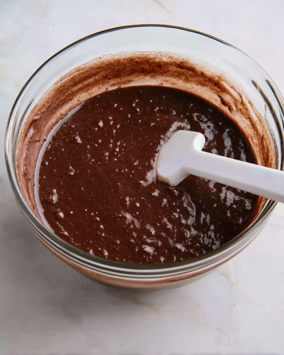 A clear glass bowl filled with thick, dark brown chocolate batter showing some small lumps and bubbles on the surface. A white spatula is partially dipped in the batter, its handle resting on the side of the bowl. The bowl is placed on a white marbled surface, giving a clean, bright background. The texture of the batter looks smooth but with slight graininess visible in the mixture. photo taken with an iphone --ar 4:5 --v 7