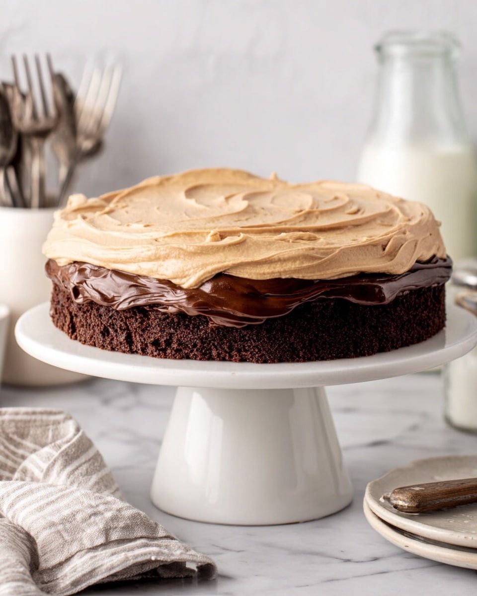 The image shows a two-layer round cake on a white cake stand with a smooth pedestal base, placed on a white marbled surface. The bottom layer is a dark brown chocolate cake with a thick, glossy dark chocolate frosting spread evenly on top, slightly spilling over the edges. The top layer is a light tan, creamy frosting with soft swirls and a fluffy texture, covering the entire top surface of the cake. In the background, there is a clear bottle filled with milk and some silver forks, all set against a white marbled wall. Photo taken with an iphone --ar 4:5 --v 7