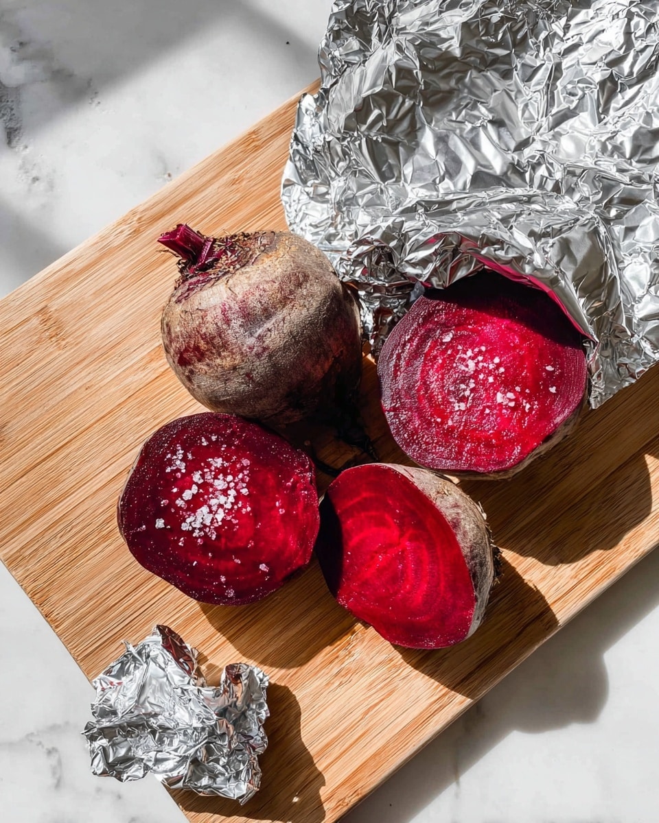 The image shows three whole beets with their tops removed, placed on a wooden cutting board set on a white marbled surface. Two beets are resting directly on the board, displaying a bright, deep red interior with a rough, darker outer skin. One beet is partially wrapped in shiny aluminum foil that is open, revealing the same vibrant red inside sprinkled with coarse salt crystals. Nearby, there is a small crumpled piece of aluminum foil. The light captures slight shadows and reflections on the foil and wood, giving a natural daytime feel. Photo taken with an iphone --ar 4:5 --v 7