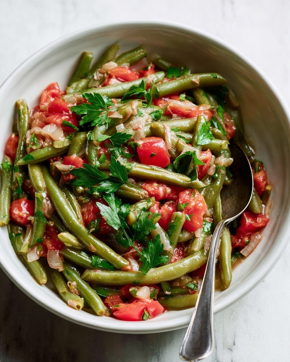 A white bowl filled with cooked green beans mixed with small chunks of red tomatoes and translucent pieces of onion, garnished with fresh green parsley leaves scattered on top. The green beans are soft and covered lightly in a thin sauce made from the tomatoes and onions. A silver spoon is placed inside the bowl on the right side. The bowl sits on a white marbled surface. photo taken with an iphone --ar 4:5 --v 7