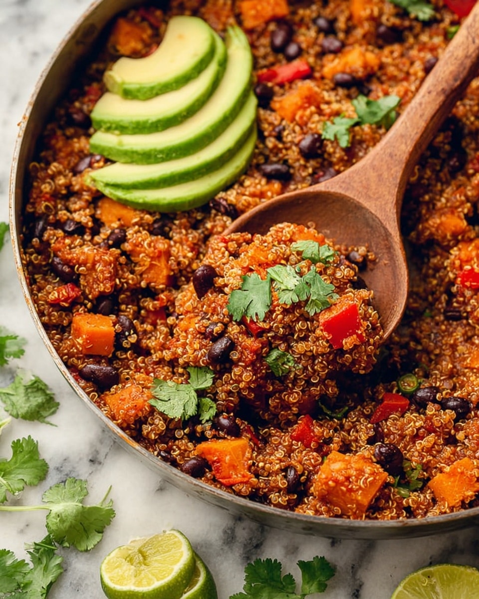 The image shows a close-up of a metal pan filled with cooked quinoa mixed with black beans, small diced orange sweet potatoes, and red bell pepper pieces, all evenly mixed in a reddish sauce. On top of the quinoa mix, slices of green avocado are placed on one side. A wooden spoon is scooping a portion of the quinoa mix, showing the details of the grains and vegetables, with a sprig of fresh green cilantro on top. Around the pan, there are lime wedges and cilantro leaves scattered on a white marbled surface. The colors are warm with orange, red, black, green, and brown shades. photo taken with an iphone --ar 4:5 --v 7