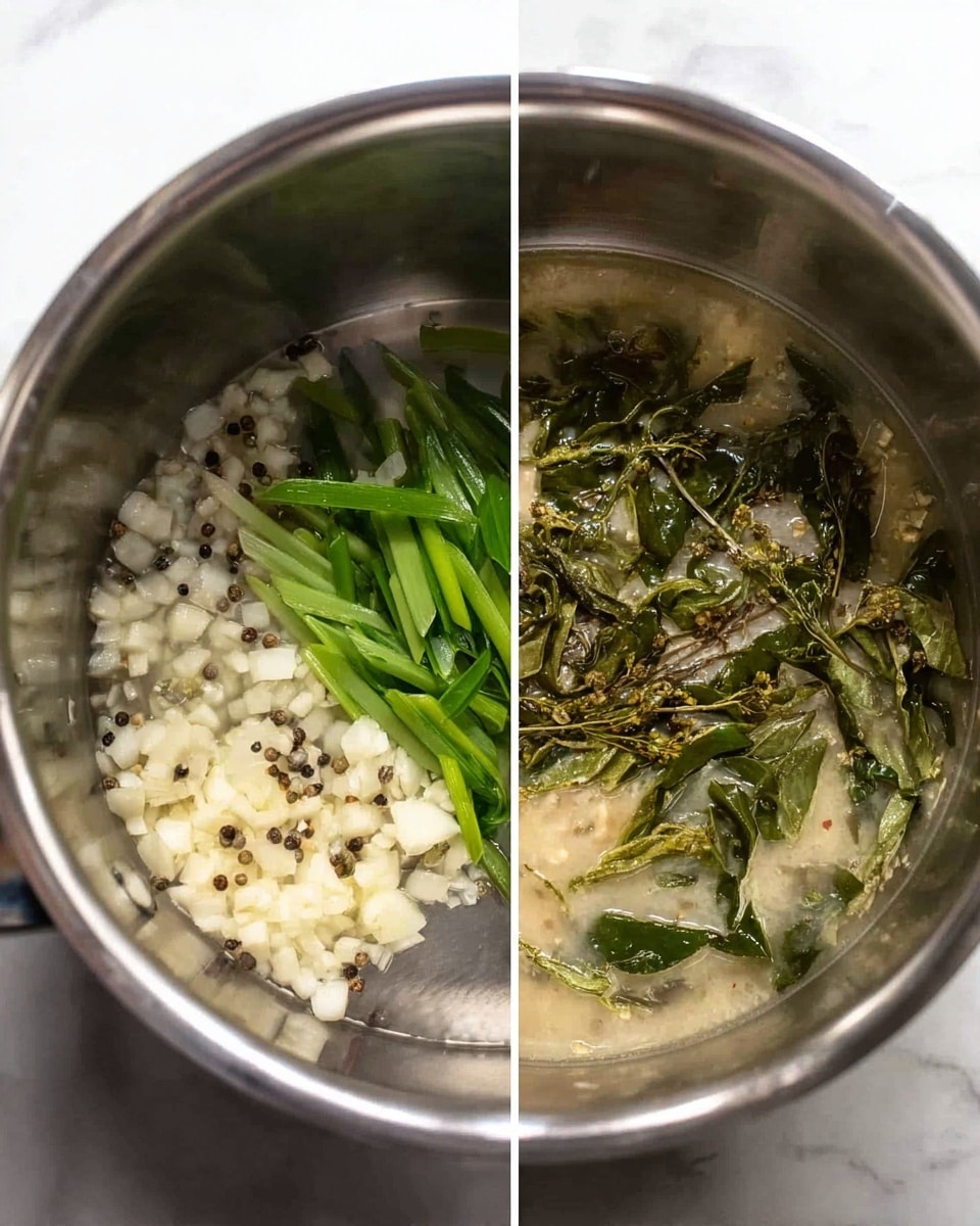 The image shows two side-by-side photos of the inside of a shiny metal pot on a white marbled surface. In the left photo, the pot contains small white diced pieces (likely vegetables) scattered at the bottom, a few black specks of seasoning, and fresh green leafy strips piled on one side. In the right photo, the pot has a light creamy liquid base with the green leafy strips spread out and some black seasoning mixed in, showing a slight simmer. The metal pot is deep and reflects light, added to the kitchen setting. photo taken with an iphone --ar 4:5 --v 7