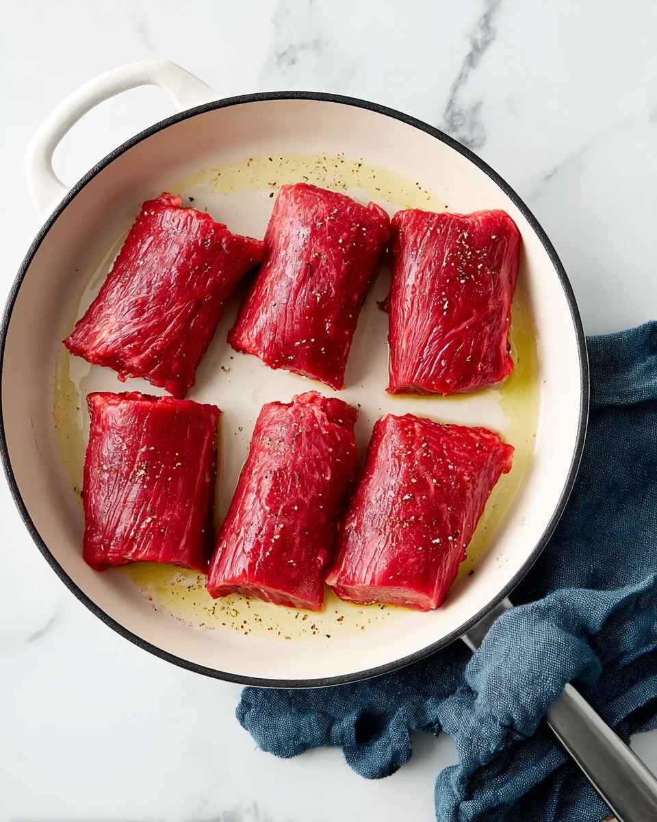 Six rolled pieces of bright red raw beef are neatly placed in a white pan with a black rim, each roll tightly wrapped and lying flat. The beef rolls show slight marbling and texture with some uneven edges. Around the beef, there is a light coating of oil with small specks of seasoning, especially noticeable on the roll at the bottom center. The pan handle extends to the right, resting over a folded dark blue cloth on a white marbled surface. The scene is bright and clean, highlighting the rich red color of the beef rolls. photo taken with an iphone --ar 4:5 --v 7