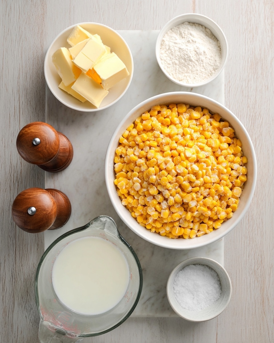 The image shows five white bowls and one clear glass measuring cup arranged on a white marbled surface. The largest bowl in the center is filled with bright yellow corn kernels with a slightly frosty texture. Above it to the left is a small white bowl with several slices of pale yellow butter. To the right of the butter is another small white bowl filled with white flour that looks powdery. Below the flour is the clear glass measuring cup filled with creamy white milk. Below the corn bowl and slightly to the left is a tiny white bowl with fine white salt. To the far left of the arrangement are two wooden salt and pepper shakers with smooth rounded tops. The overall setting is neat with natural lighting, giving a fresh look. photo taken with an iphone --ar 4:5 --v 7
