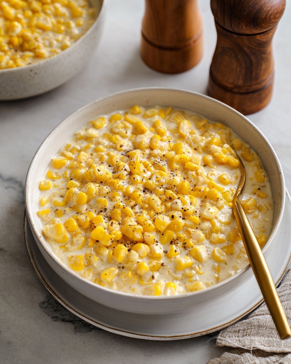 The image shows a white bowl filled with creamy corn, where the top layer is yellow corn kernels coated in a smooth, light cream sauce, sprinkled with black pepper for texture and color contrast. A gold spoon rests inside the bowl on the right side, slightly submerged in the creamy corn. The bowl sits on another white bowl, both placed on a white marbled surface. In the background, two blurred wooden pepper grinders and a small container add depth to the scene. The photo taken with an iphone --ar 4:5 --v 7