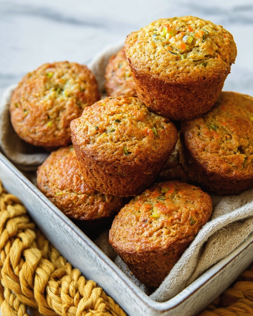 A close-up view of a group of seven golden-brown muffins with visible green and orange specks, showing a rough and moist texture. Six muffins sit tightly packed inside a square, glazed container that is white with gray and brown shading, while one muffin stands on top near the middle right edge. The container is placed on a thick, braided, yellow knitted cloth, and the background surface is a clean white marble texture. Photo taken with an iphone --ar 4:5 --v 7