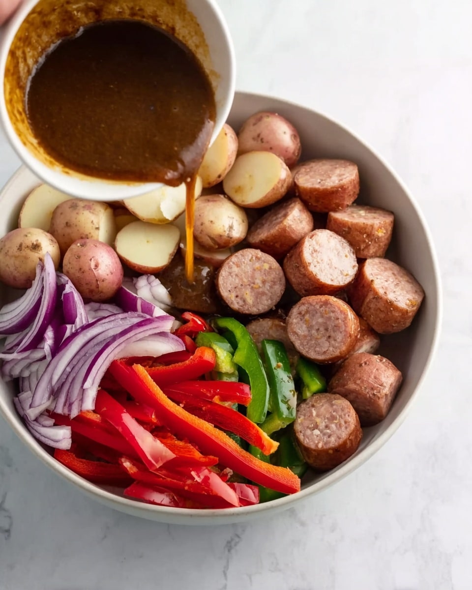 A white bowl is filled with four main layers arranged side by side: on the left are sliced small red potatoes with cream and light brown skin, next to them are thin rings of purple onion, followed by many round slices of light brown sausage filling the right side, and on the bottom left corner are strips of red and green bell peppers. Above the bowl, a white woman's hand is holding a white bowl pouring a thick dark brown sauce over the ingredients. The background is a white marbled texture. photo taken with an iphone --ar 4:5 --v 7