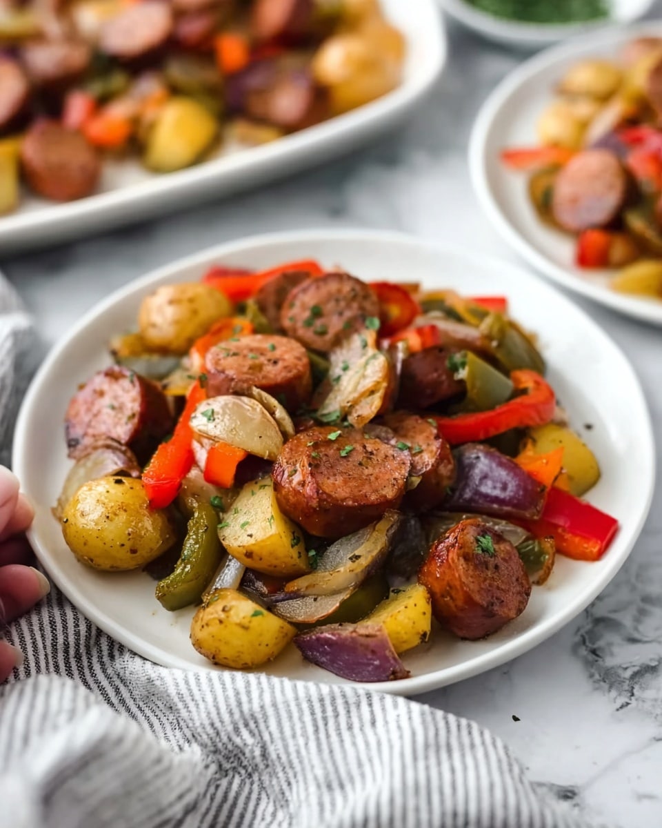 The image shows a white plate full of cooked sausage slices mixed with colorful vegetables. The dish has three layers: the bottom layer has small yellow potatoes with skins and some purple pieces, the middle layer contains red and green bell pepper slices, and the top layer has browned sausage slices with a slightly shiny texture. The dish is garnished with small green herb pieces sprinkled on top. A woman's hand with a light gray and white striped cloth is slightly visible near the plate, with another white plate with a similar meal in the blurred background on a white marbled surface. Photo taken with an iphone --ar 4:5 --v 7