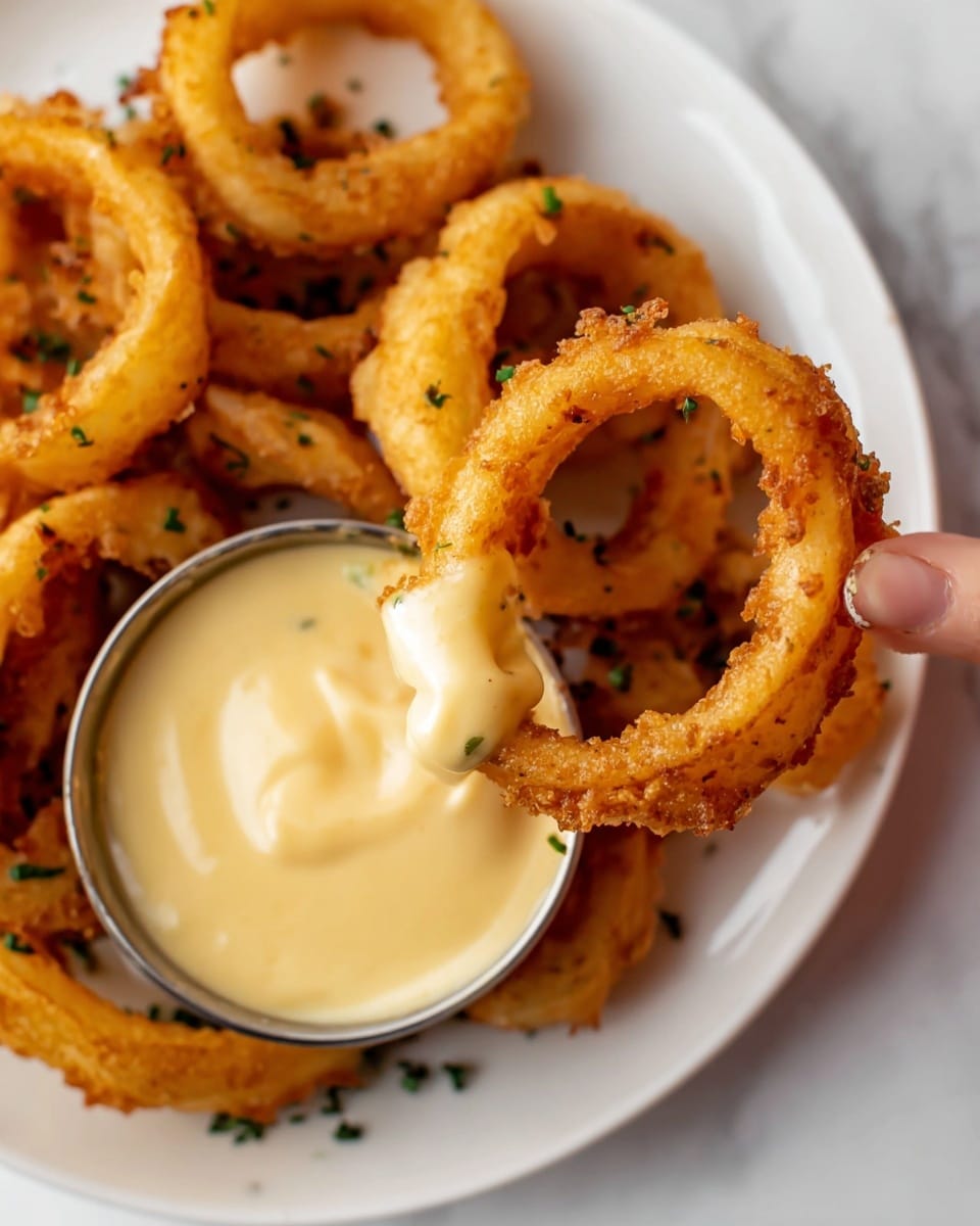 The image shows several golden-brown onion rings with a crispy texture and small bits of green herbs sprinkled on top. One onion ring is held by a woman's hand, dipped halfway into a smooth, creamy, light yellow dipping sauce in a small metal bowl. The onion rings are placed on a white plate, all on a white marbled surface. Photo taken with an iphone --ar 4:5 --v 7