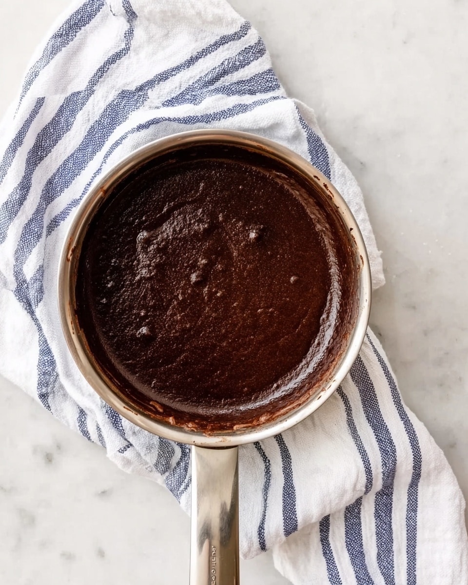 A silver saucepan filled with thick, dark brown chocolate mixture that looks smooth with a few small lumps. The saucepan is placed on a white marbled surface. Next to it, a white cloth with blue stripes is casually folded, adding soft texture and contrast to the scene. The chocolate fills the pan almost to the top, showing a shiny and rich surface. photo taken with an iphone --ar 4:5 --v 7