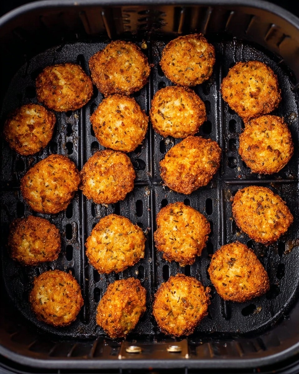 The image shows a black air fryer basket filled with about sixteen small, round, breaded pieces of food that are golden brown and crispy in texture. The pieces are spaced evenly, covering the basket's surface in a single layer. The basket has a patterned base with ridges and holes, visible beneath the food. The photo is taken from above, showing the whole basket on a white marbled background. photo taken with an iphone --ar 4:5 --v 7