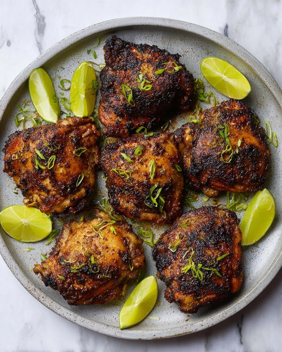 Six pieces of cooked chicken thighs sit on a round white plate, arranged loosely in a circle with space in the middle. The chicken has a dark brown, crispy texture with visible grill marks and some blackened spots. Bright green chopped scallions are sprinkled on top of the chicken pieces. There are also four lime wedges placed around the chicken, two near the top and two near the bottom, adding a fresh yellow-green color contrast. The plate is set on a white marbled textured surface that shows faint patterns but stays light in tone. photo taken with an iphone --ar 4:5 --v 7