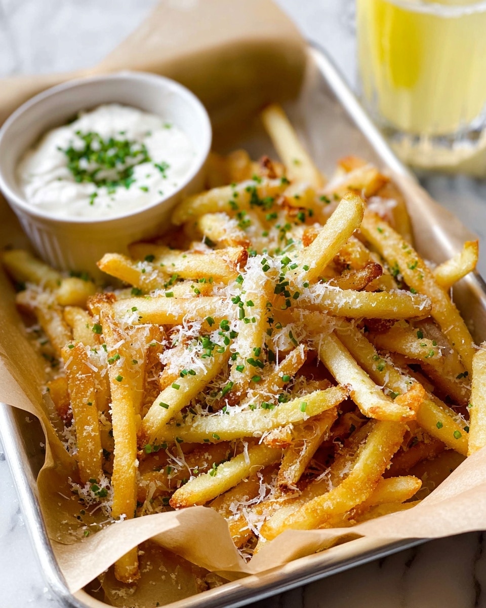 A silver tray lined with light brown paper holds a pile of thin golden fries with a crispy texture. The fries are sprinkled with finely grated cheese and small chopped green herbs scattered evenly on top. On the left side of the tray, there is a small white bowl filled with creamy white dipping sauce garnished with more chopped green herbs. In the background, a glass of yellow drink is partially visible. The surface underneath the tray is a white marbled texture. photo taken with an iphone --ar 4:5 --v 7