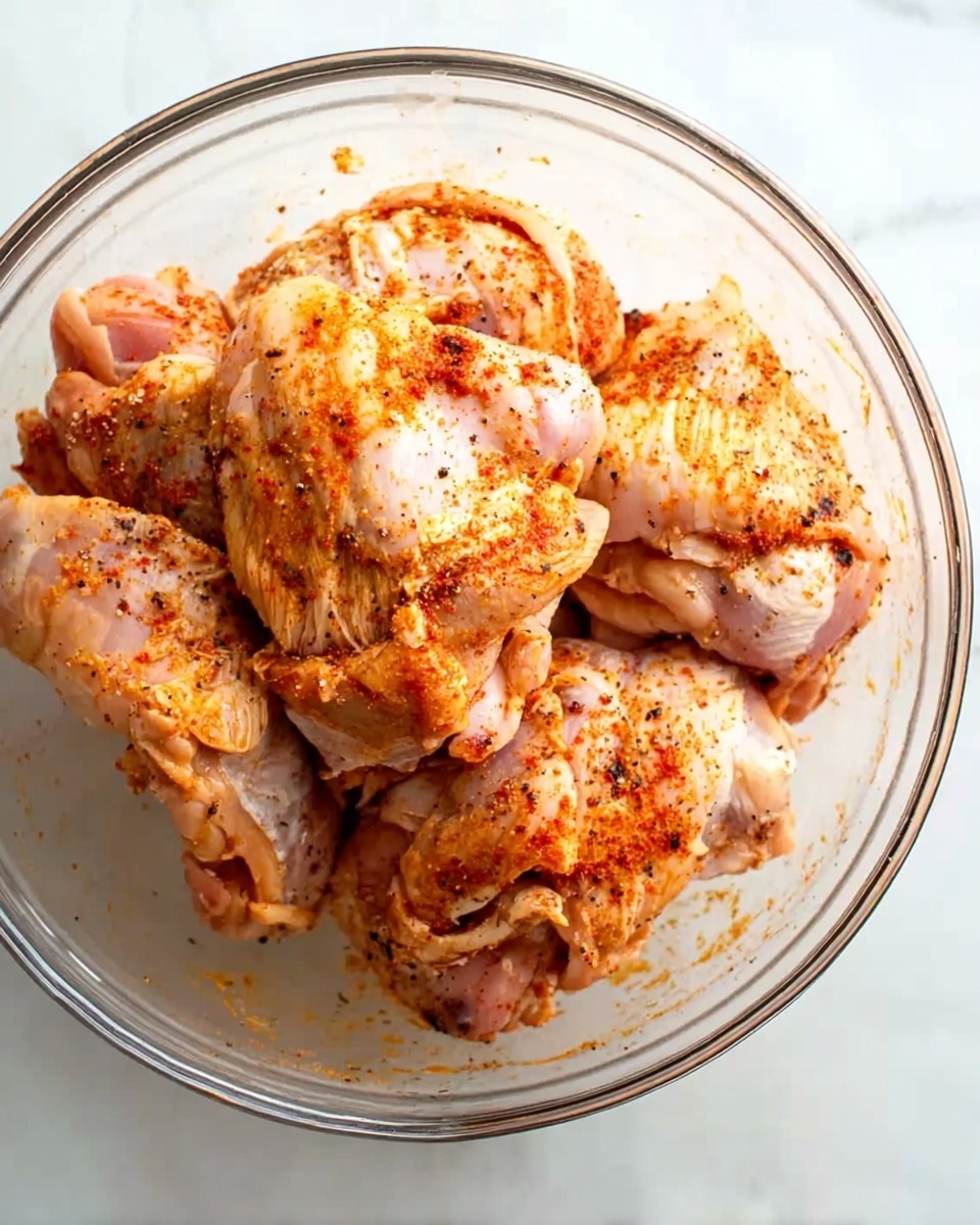 A clear glass bowl sits on a white marbled surface, filled with several pieces of raw chicken thighs. The chicken pieces are light pink with patches of a reddish-orange spice mixture spread unevenly on them. You can see the texture of the chicken skin and some small bones on top. The chicken looks fresh and ready for cooking with a sprinkle of pepper and seasoning visible on the surface photo taken with an iphone --ar 4:5 --v 7
