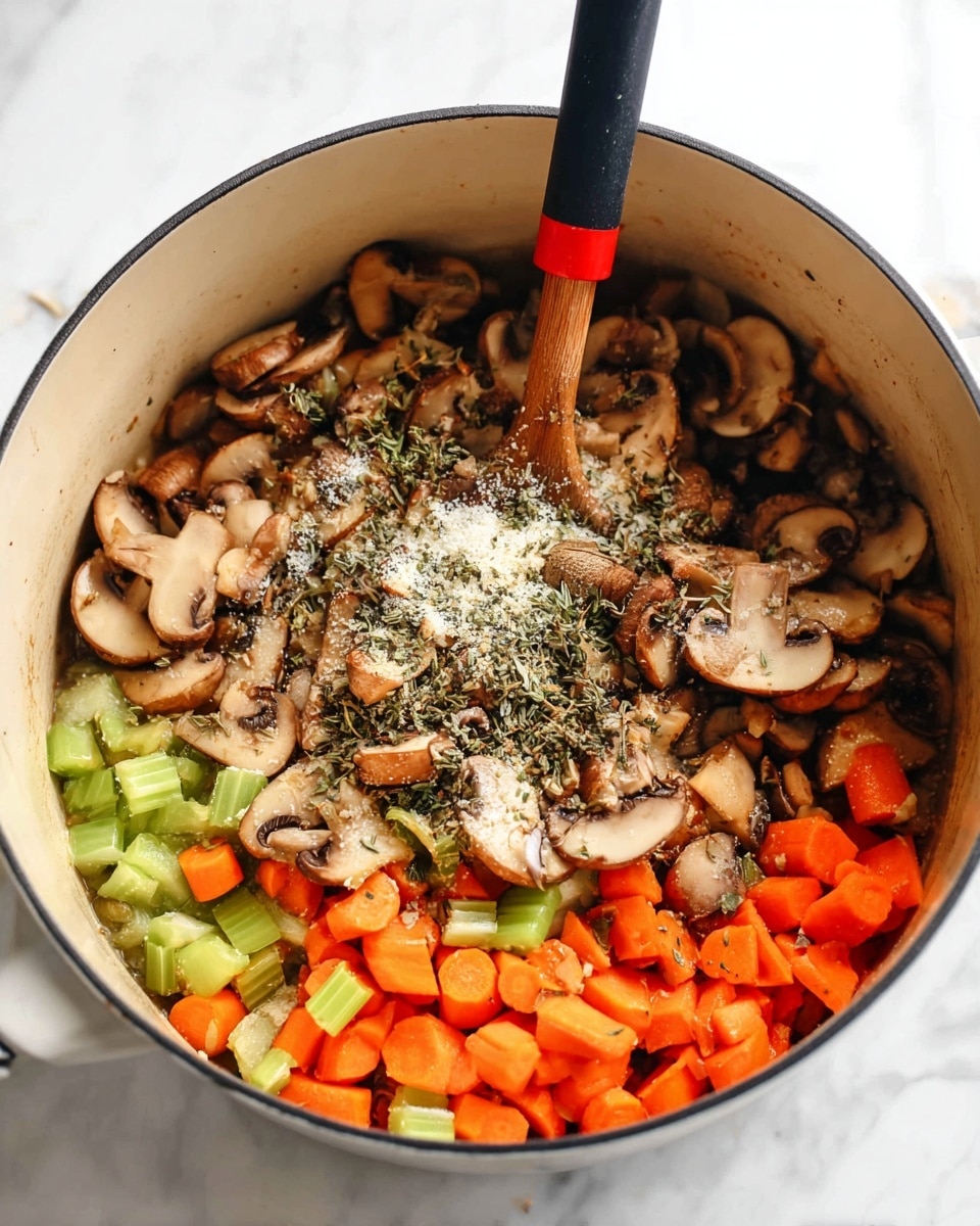 A close-up of a white pot filled with three main layers of food: the bottom layer shows cooked diced orange carrots and green celery, the middle layer features sautéed light brown sliced mushrooms, and the top layer has a mix of dried herbs and white powdery seasoning sprinkled over the vegetables. A black spoon with a red tip is standing upright in the pot, stirring the ingredients. The pot is placed on a white marbled surface. photo taken with an iphone --ar 4:5 --v 7
