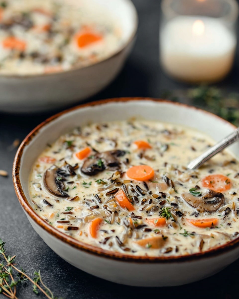 A creamy soup is served in two shallow white bowls with brown rims. The soup has a thick white base filled with pieces of orange carrot slices, brown mushroom slices, and grains of wild rice. Small green herb leaves and a few sprigs of fresh thyme rest on top as garnish. A silver spoon is partially submerged in the soup in the front bowl. The bowls are placed on a dark surface with a blurred white candle in the background. The photo is taken with an iphone --ar 4:5 --v 7