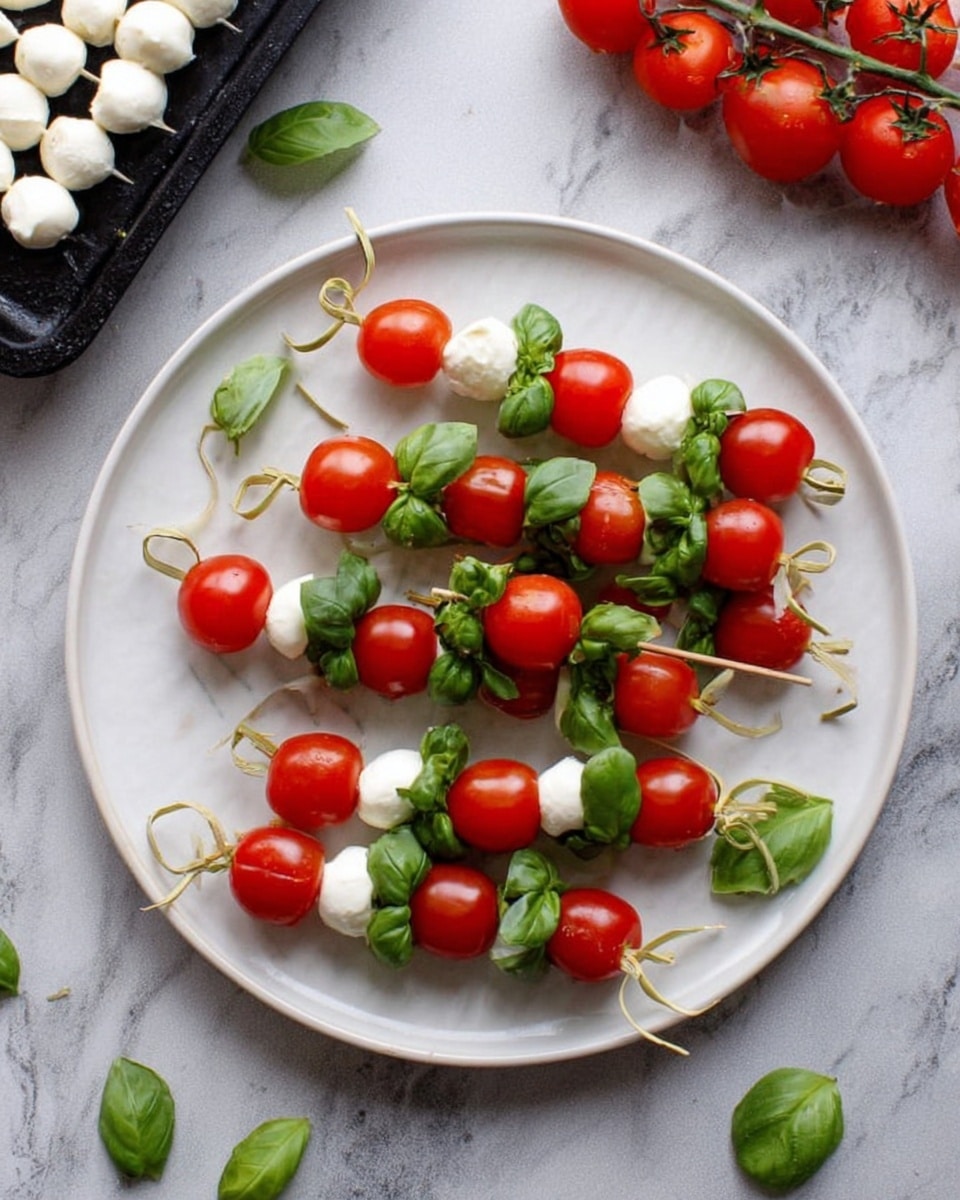 The image shows a white round plate filled with skewers. Each skewer has three layers: a small bright red cherry tomato at the bottom, a fresh green basil leaf in the middle, and a small white mozzarella ball at the top. The plate is placed on a white marbled surface. Around the plate, there are extra ingredients visible, including mozzarella balls in a black tray to the left, more cherry tomatoes on a vine in the top left corner, and scattered green basil leaves on the right side. photo taken with an iphone --ar 4:5 --v 7