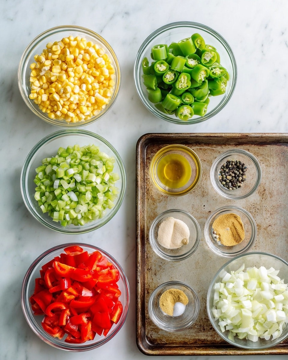 The image shows an overhead view of many small bowls arranged on a white marbled surface. On the left side, three large clear glass bowls hold bright yellow corn kernels, pale green lima beans, and chopped green okra stacked vertically. To the right, a rusty baking tray holds several smaller clear bowls with ingredients. From top left to bottom right, the small bowls contain light yellow olive oil, beige garlic powder, black pepper, white salt, minced garlic, light brown powder, a small bowl of honey-colored liquid, and brightly colored chopped red bell pepper. Another small bowl with chopped white onions rests on the tray’s right edge. The whole scene is bright and clean with natural light, conveying fresh cooking preparation, photo taken with an iphone --ar 4:5 --v 7