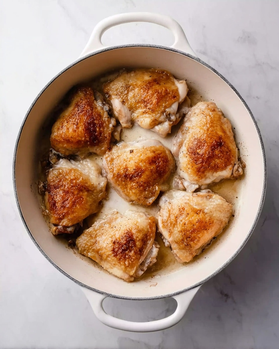 A white round pot with two handles holds six pieces of cooked chicken with skin. The chicken pieces are arranged in a circle, evenly spaced, with a golden-brown crispy skin on top and slightly lighter cooked parts on the sides. The pot is placed on a white marbled surface. photo taken with an iphone --ar 4:5 --v 7