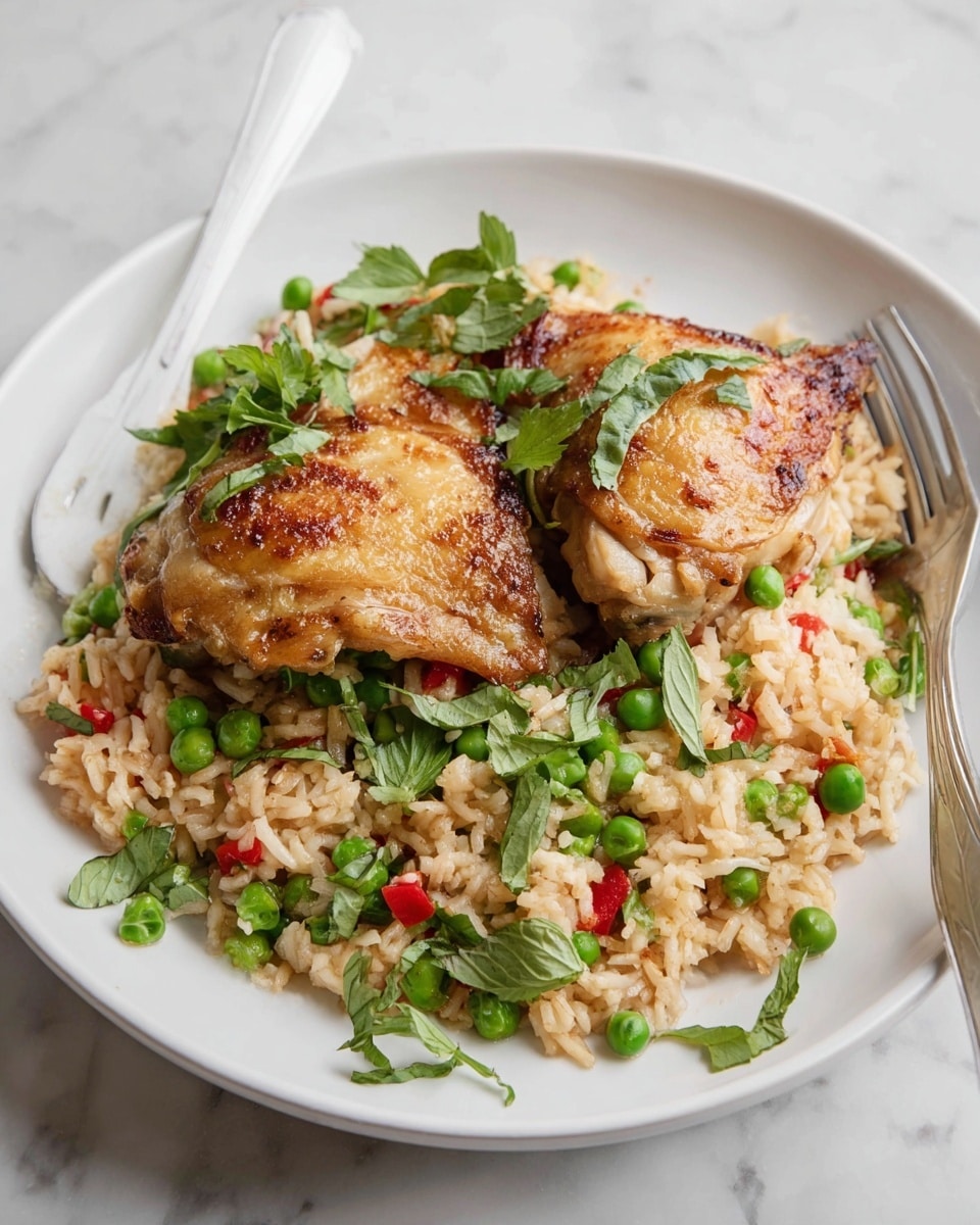 A white round plate holds two cooked chicken thighs with a golden brown, slightly crispy skin placed on top of a bed of cooked rice mixed with green peas, small red pepper pieces, and fresh green herbs scattered throughout. The rice appears fluffy with a light reddish tint, while the herbs add a fresh green contrast on the surface. A white fork sits resting on the plate’s edge, slightly inside, on the white marbled textured table. photo taken with an iphone --ar 4:5 --v 7
