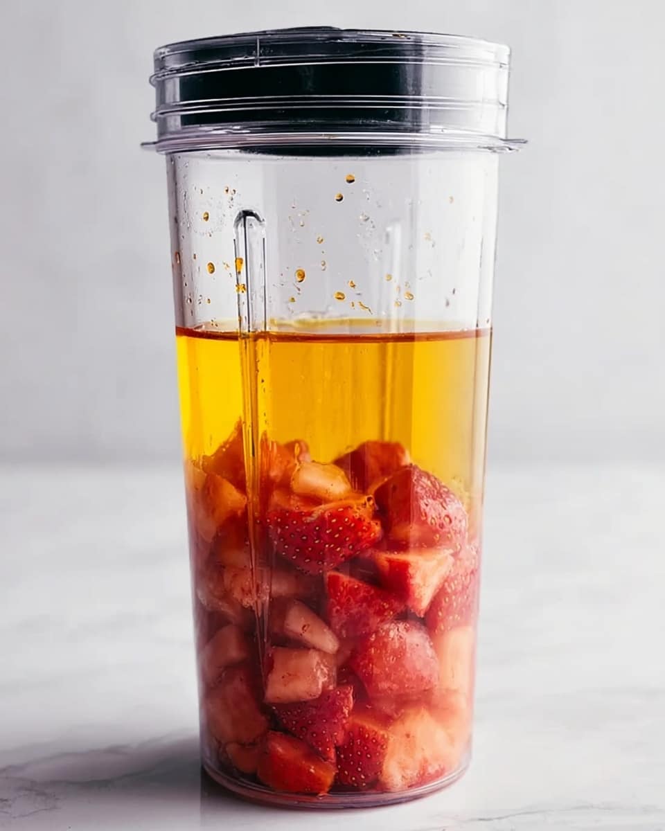 A clear tall blender cup filled with two visible layers, the bottom layer contains small, red diced strawberries soaked in a bit of juice, showing a juicy, slightly wet texture. On top, there is a bright golden-yellow liquid layer, likely oil, with a smooth and shiny surface. The cup lid is black and partially visible at the top, with some droplets of liquid inside. The background is a white marbled surface with soft lighting. Photo taken with an iphone --ar 4:5 --v 7