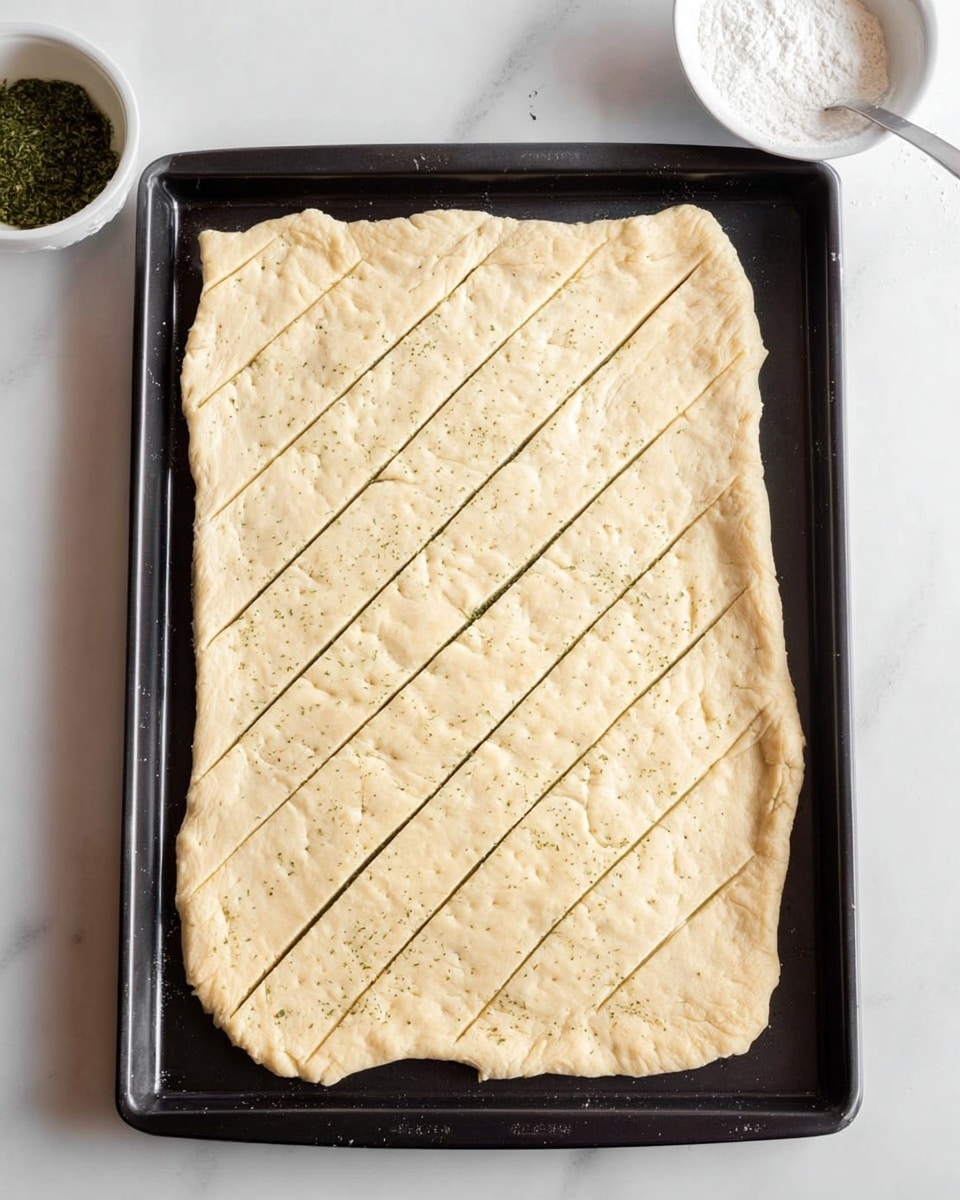 A large black baking tray holds a single layer of rolled out dough, light beige in color and slightly uneven at the edges. The dough is marked with thin diagonal and horizontal lines formed by small holes, dividing it into sections. The tray sits on a white marbled surface, with a small white bowl of green herbs and a white cup of white powder near the top edge of the image, slightly out of focus. The overall scene is clean and simple, highlighting the flat, textured dough and its scored pattern. photo taken with an iphone --ar 4:5 --v 7