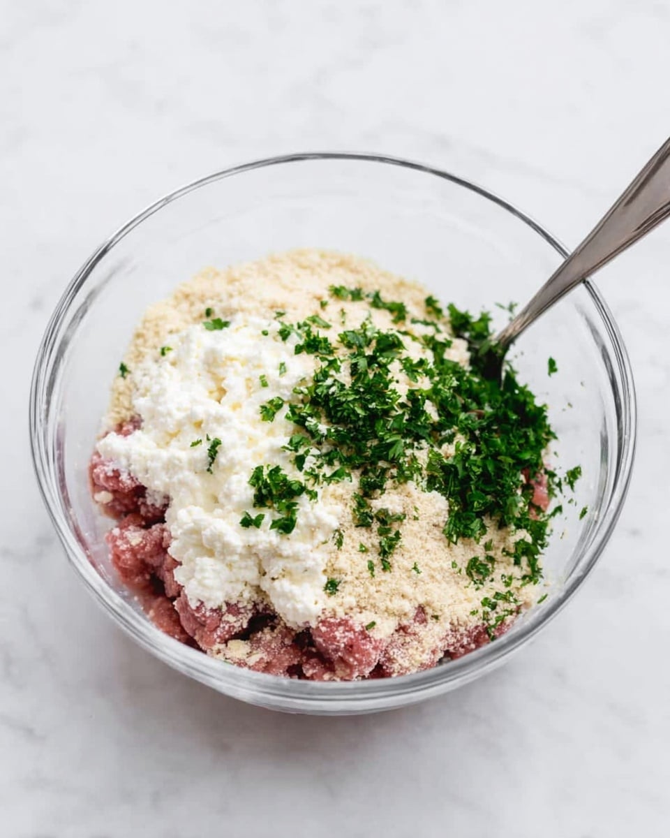A clear glass bowl sits on a white marbled surface, filled with several layers of ingredients waiting to be mixed. At the bottom, there is raw ground meat with a pink color. On top of this, a heap of white cottage cheese or ricotta cheese spreads unevenly, followed by a layer of fine, light beige breadcrumbs. Bright green chopped parsley is scattered across the top and parts of the sides, adding a fresh touch. A silver spoon rests partly inside the bowl, with its handle coming out to the right. The whole scene looks ready for stirring, raw textures in full view. photo taken with an iphone --ar 4:5 --v 7
