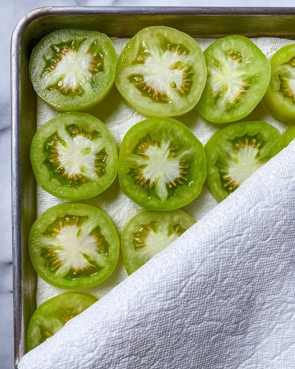 A metal tray holds two rows of thick green tomato slices, each slice showing light green flesh with white seeds and a juicy texture. The bottom half of the tray is partly covered with a white paper towel that has a soft, quilted pattern, gently lifting to reveal the tomatoes underneath. The background is a white marbled texture. photo taken with an iphone --ar 4:5 --v 7