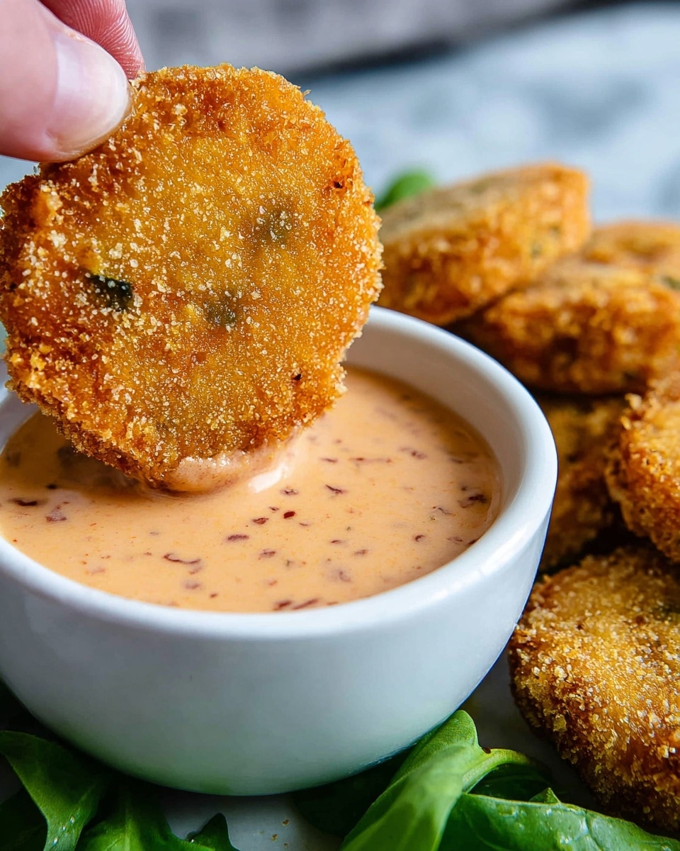A close-up image shows a round, golden-brown fried food item with a rough, crunchy texture being dipped into a small white bowl of light orange creamy sauce speckled with darker bits. The food item is held by fingers above the bowl, slightly tilted. In the background, more of the same fried pieces lie on a white marbled surface alongside some green leaves that add a fresh contrast. The overall color palette is warm with the golden fried pieces and soft orange sauce against the clean white bowl and surface. Photo taken with an iphone --ar 4:5 --v 7