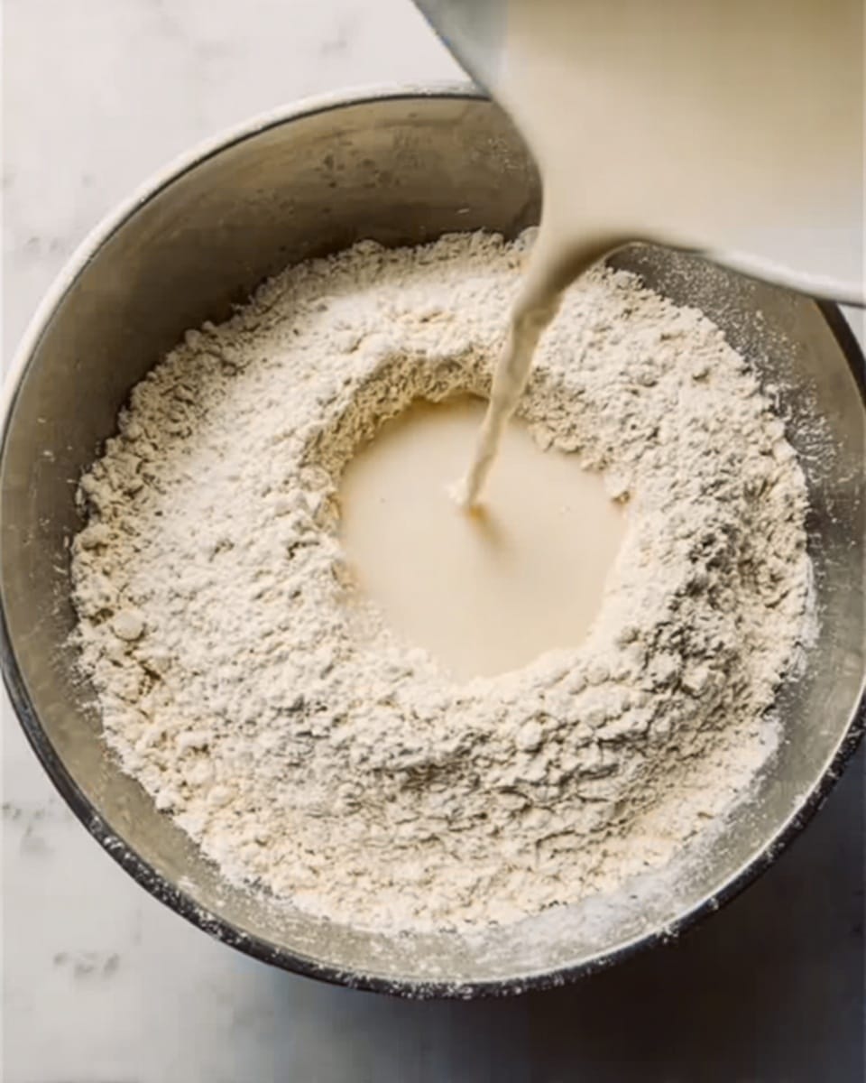 A silver mixing bowl filled with white flour, with a liquid being poured into the center, creating a contrast of dry and wet textures in the bowl. The flour surrounds the liquid in a ring, and the liquid appears smooth and creamy. The scene is set on a white marbled surface, showing the start of a baking process. photo taken with an iphone --ar 4:5 --v 7