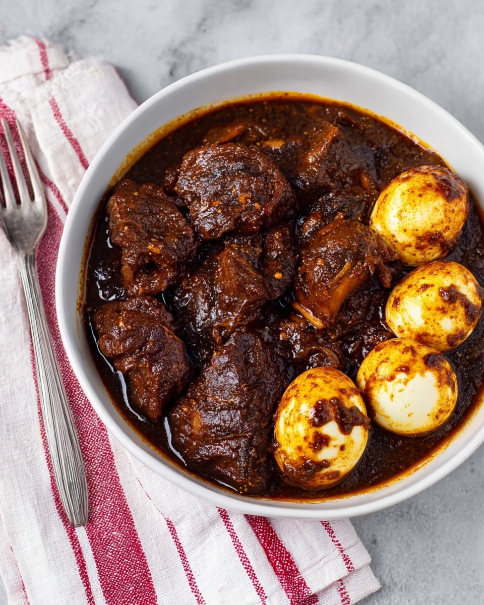 A white bowl filled with a rich dark brown thick stew containing several chunks of tender meat and three hard-boiled eggs partially covered in the sauce. The stew itself is glossy with a deep, almost black-brown color and slightly oily texture, spreading unevenly around the meat and eggs. The eggs have a bright yellow and white surface with some dark sauce spots on them. The bowl sits on a white marbled surface, next to a silver fork resting on a white and red striped kitchen towel. Photo taken with an iphone --ar 4:5 --v 7