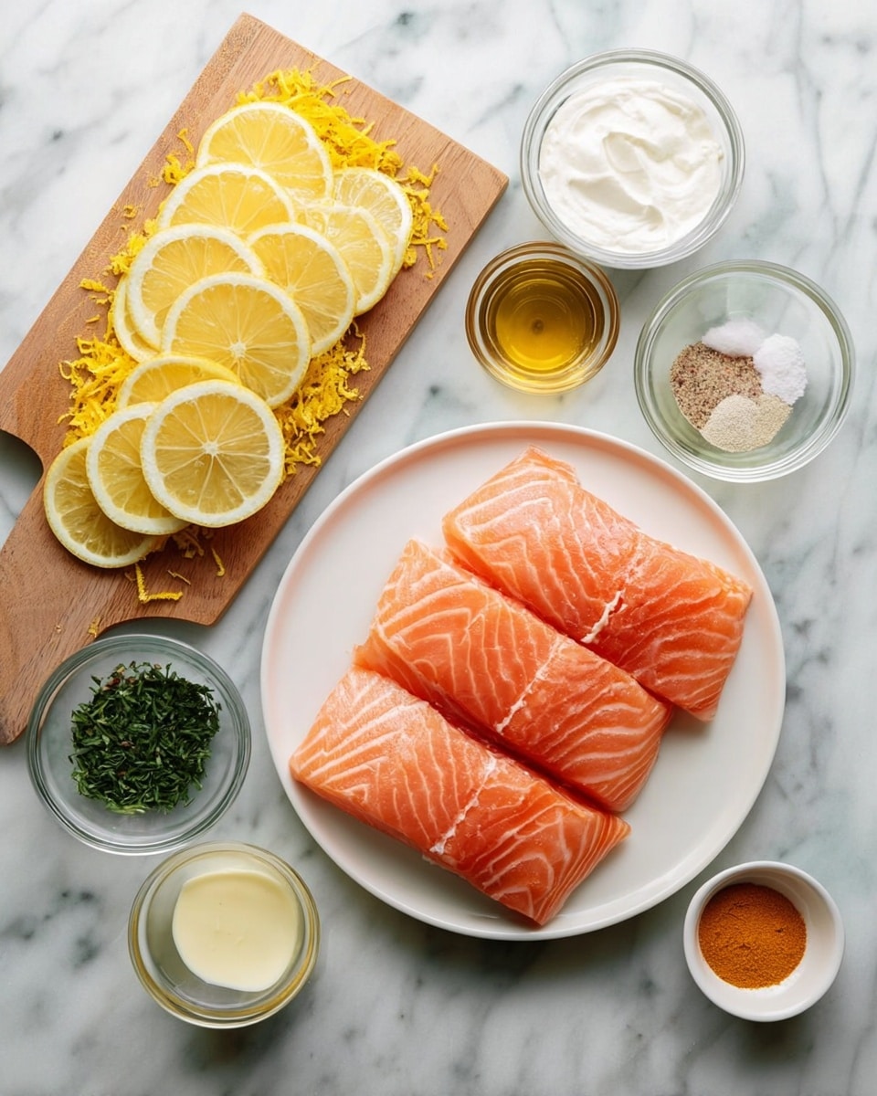 The image shows four raw salmon fillets laid side by side on a white plate positioned in the upper right. To the left of the salmon, there is a wooden board filled with thin yellow lemon slices stacked in two layers, with bright lemon zest piled at the bottom center of the board. Surrounding these are small glass and wooden bowls holding various ingredients: a bowl of white cream, a bowl of light brown powder, a clear glass bowl with a golden liquid, a small bowl with a mix of salt and pepper, and another with chopped green herbs. A small white bowl with a pale yellow liquid and a small glass bowl containing orange-colored powder sit near the bottom right of the frame. The surface underneath is white marble. photo taken with an iphone --ar 4:5 --v 7