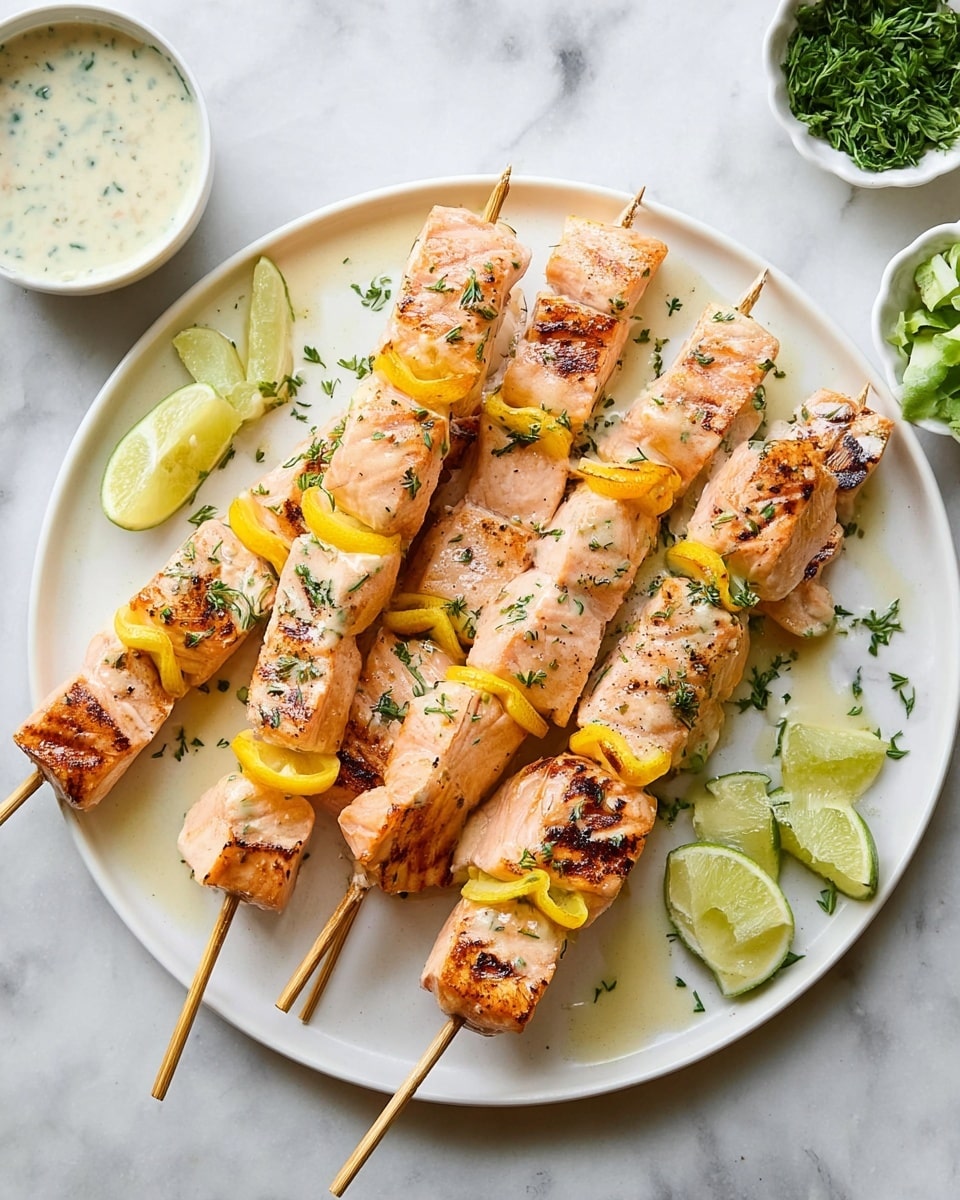 There are five wooden skewers on a large white plate arranged filled with grilled salmon pieces and twisted lemon slices. The salmon is light pink with browned grill marks and a slightly crispy texture, and each skewer has several salmon chunks alternated with bright yellow lemon slices. The skewers are sprinkled with small green herb leaves. Around the plate are small lime wedges, fresh green herbs, and a small white bowl of creamy sauce with green bits, sitting on a white marbled surface. photo taken with an iphone --ar 4:5 --v 7