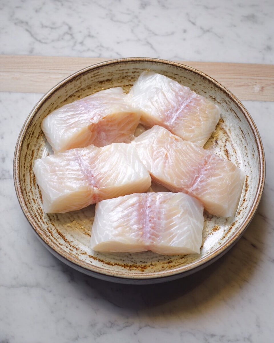A round, textured white ceramic plate holds six pieces of raw white fish fillets arranged evenly. Each fillet has a smooth, shiny surface with light pink and white marbling, giving a fresh and moist look. The plate sits on a white marbled surface. photo taken with an iphone --ar 4:5 --v 7