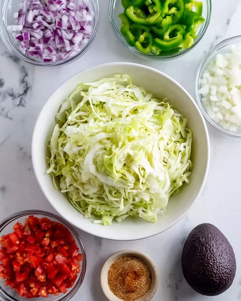 The image shows a white bowl full of thinly sliced pale green cabbage as the main focus in the center. Surrounding it are smaller clear bowls with various chopped ingredients: bright green bell peppers on the top right, white diced onions at the top, red chopped tomatoes at the bottom left, and finely chopped purple onions next to the tomatoes. There is also a small round bowl with light brown seasoning or spice in the middle. A whole dark purple avocado rests on the white marbled surface near the bottom right of the frame. The photo taken with an iphone --ar 4:5 --v 7