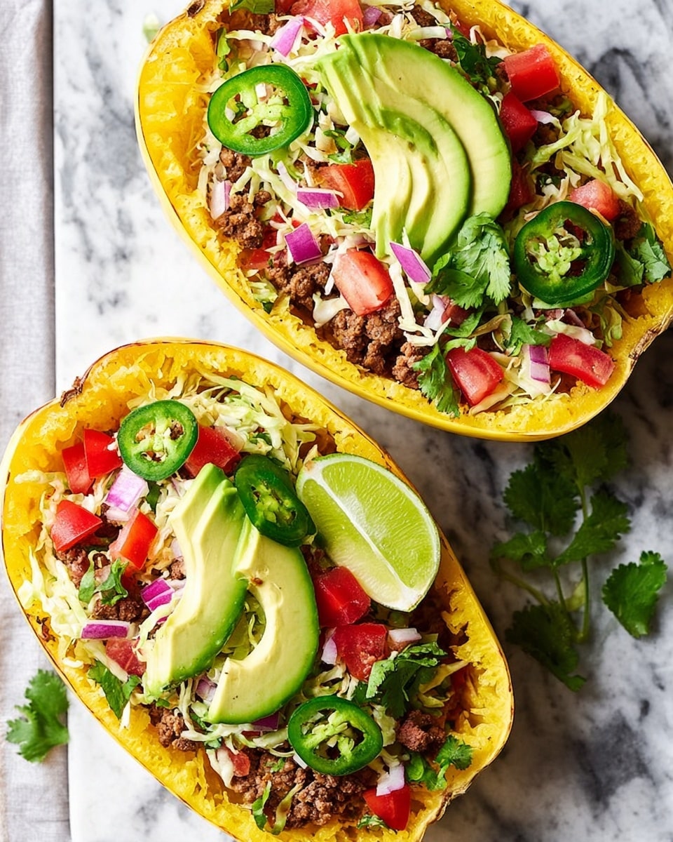 Two halves of a cooked yellow spaghetti squash serve as bowls on a white marbled surface. Each half is filled with browned ground meat at the bottom, topped with shredded light green cabbage, bright red diced tomatoes, and small purple onion cubes. On top of the vegetables, thinly sliced green jalapeños and several slices of pale green avocado are neatly placed. A wedge of lime rests inside one squash half. Fresh cilantro leaves are sprinkled on top and around the dish. Photo taken with an iphone --ar 4:5 --v 7