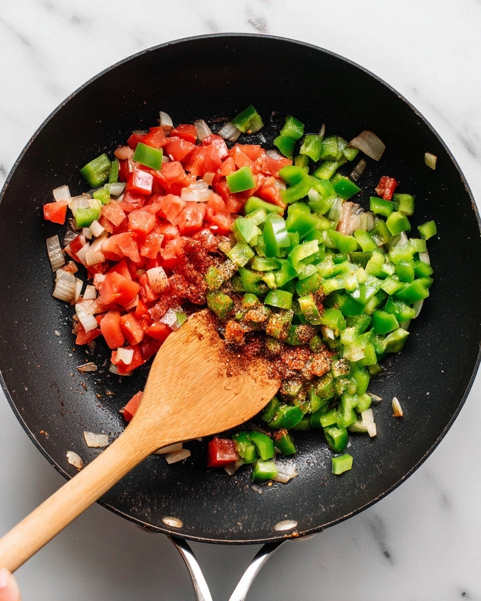 A close-up top view of a black frying pan on a white marbled texture, with chopped green bell peppers, diced red tomatoes, and small pieces of onions arranged in sections inside the pan. Red and brown spices are sprinkled over the vegetables, adding contrast. A wooden spoon held by a woman's hand is stirring or moving the vegetables, creating a sense of motion. The pan's silver handles are visible at the bottom of the image. photo taken with an iphone --ar 4:5 --v 7