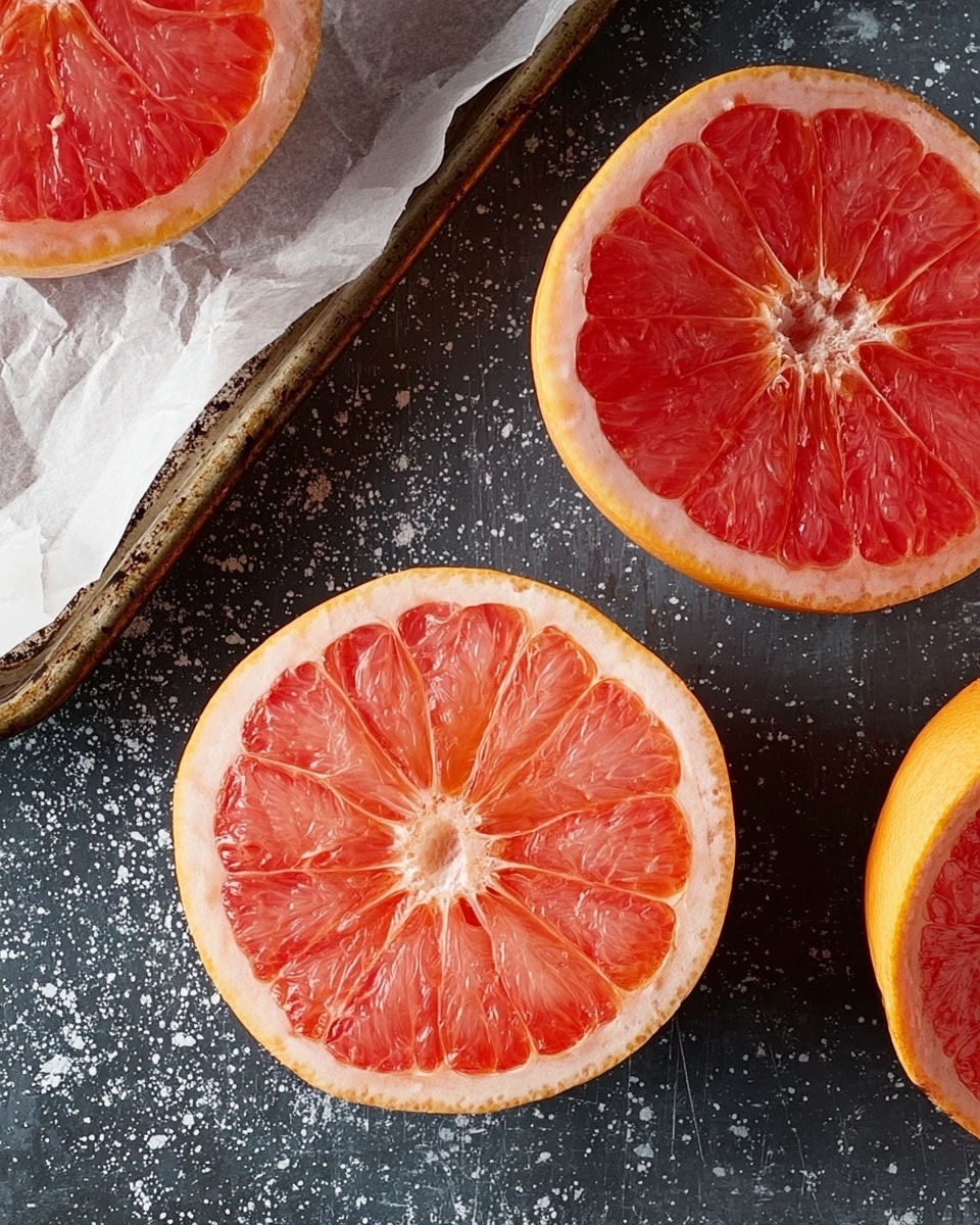 The image shows three grapefruit halves placed on a dark textured surface with white specks. The grapefruits have bright orange-pink flesh with radial sections and a pale orange rind. One grapefruit is fully visible in the center on the bottom, another is partially visible on the top right, and the third is partially cut off at the top. The top left grapefruit half rests on parchment paper on a baking tray or metal rack. The colors are bright and fresh, highlighting the juicy texture of the fruit. photo taken with an iphone --ar 4:5 --v 7