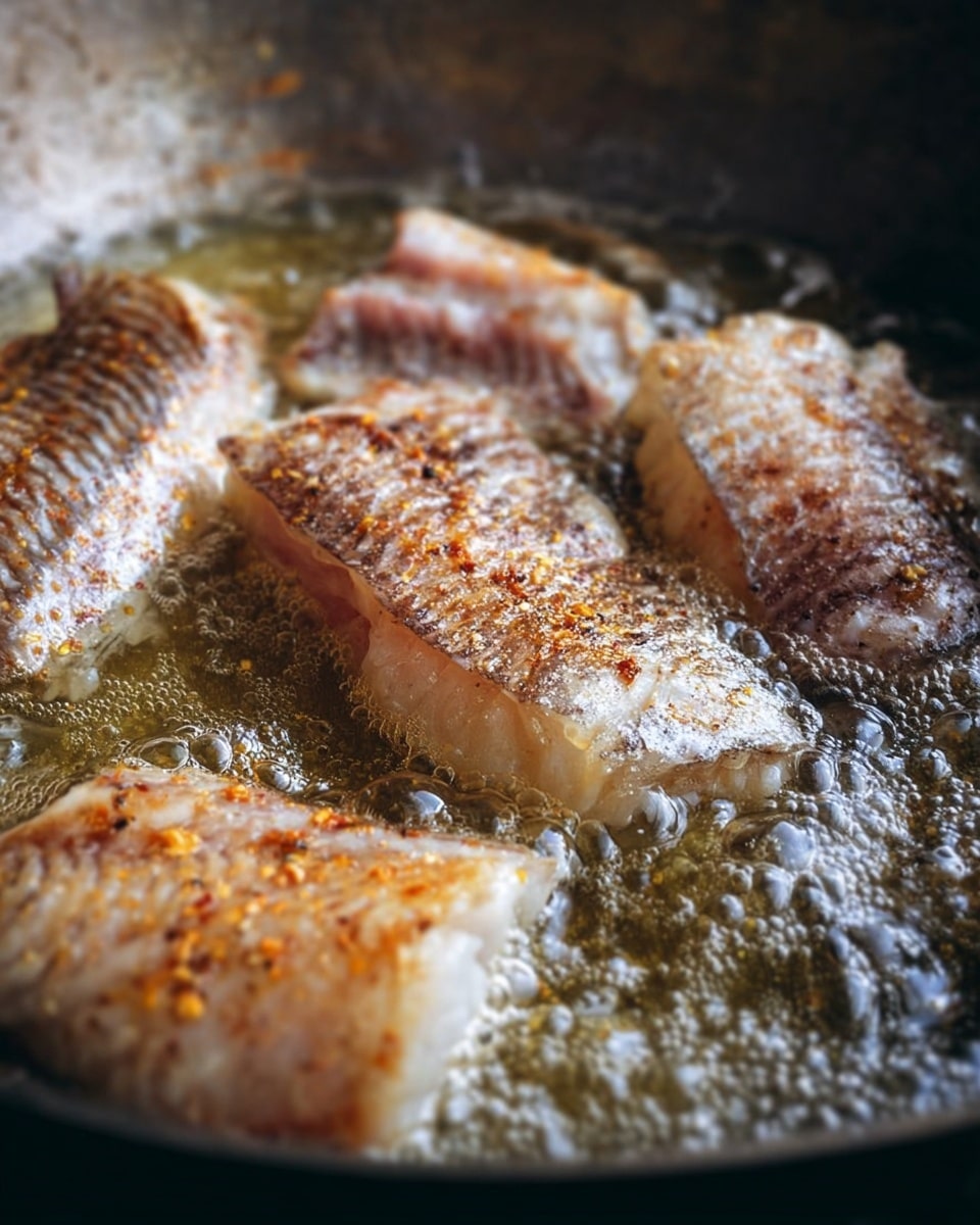 Close-up of several pieces of light golden fish frying in hot, bubbling oil in a metal pan. The fish has a light pinkish-white color with visible skin texture and is sprinkled with small black and orange spices. The oil bubbles around and between the pieces, creating a shiny, wet look. The pan has a slightly darkened edge but the focus is on the frying fish. Photo taken with an iphone --ar 4:5 --v 7