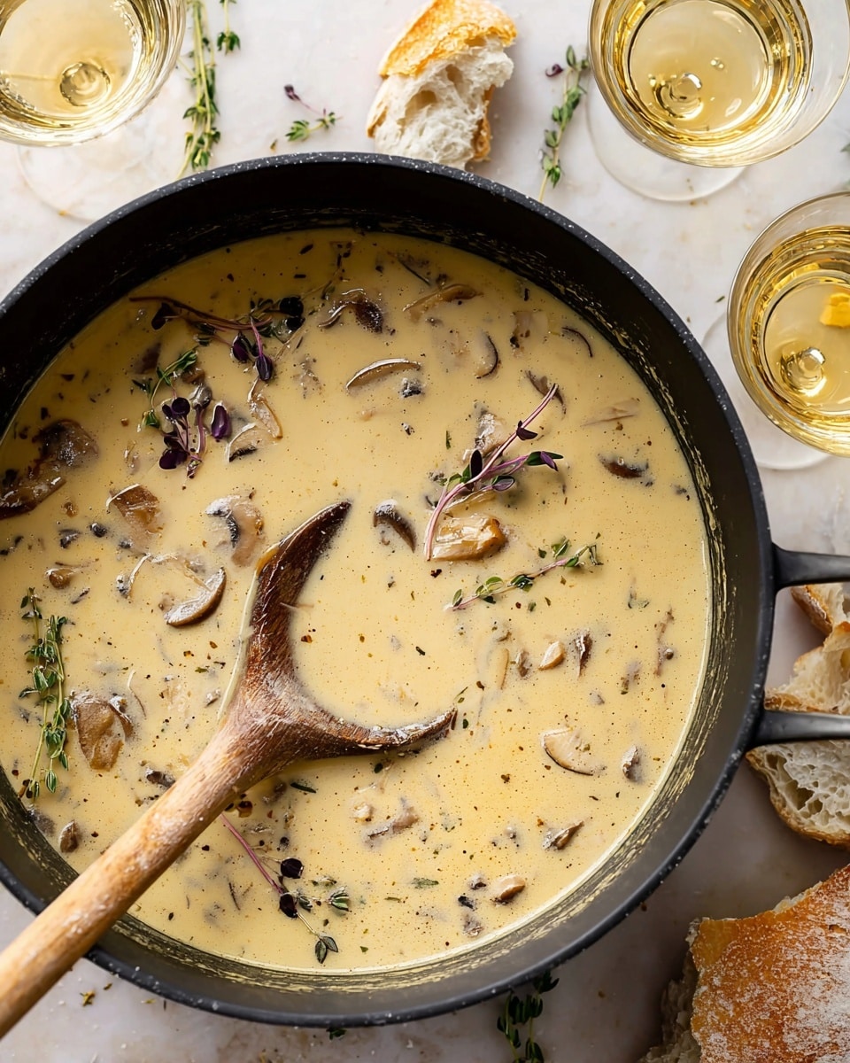 A close-up of a black pot filled with creamy mushroom soup showing a light yellow smooth liquid base with small mushrooms and herbs floating in it, a wooden spoon partially submerged in the soup with a light brown handle and some soup on it, scattered fresh green and purple herb leaves on top of the soup, the pot is placed on a white marbled surface with pieces of torn bread and small green herb sprigs around it, plus two clear glasses filled with a light yellow drink nearby, photo taken with an iphone --ar 4:5 --v 7