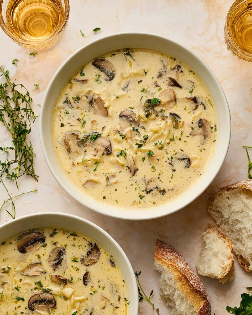 The image shows two white bowls filled with creamy soup with visible pieces of mushrooms, small bits of herbs, and small strips of pasta. The soup is pale light yellow with darker brown and green pieces of ingredients. The bowls sit on a white marbled surface, with some fresh green herbs scattered around. To the right of the main bowl are two pieces of torn light brown bread, and there are two small clear glasses with a light amber liquid near the top right corner. The overall look is warm and fresh, with a soft light highlighting the smooth texture of the soup and the crispness of the bread photo taken with an iphone --ar 4:5 --v 7
